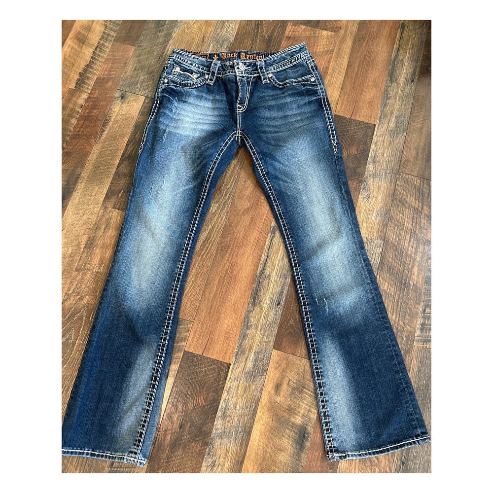 Rock Revival Kelly Boot Cut Jeans Dark Wash Flap Pocket Bib Stitch Size 28